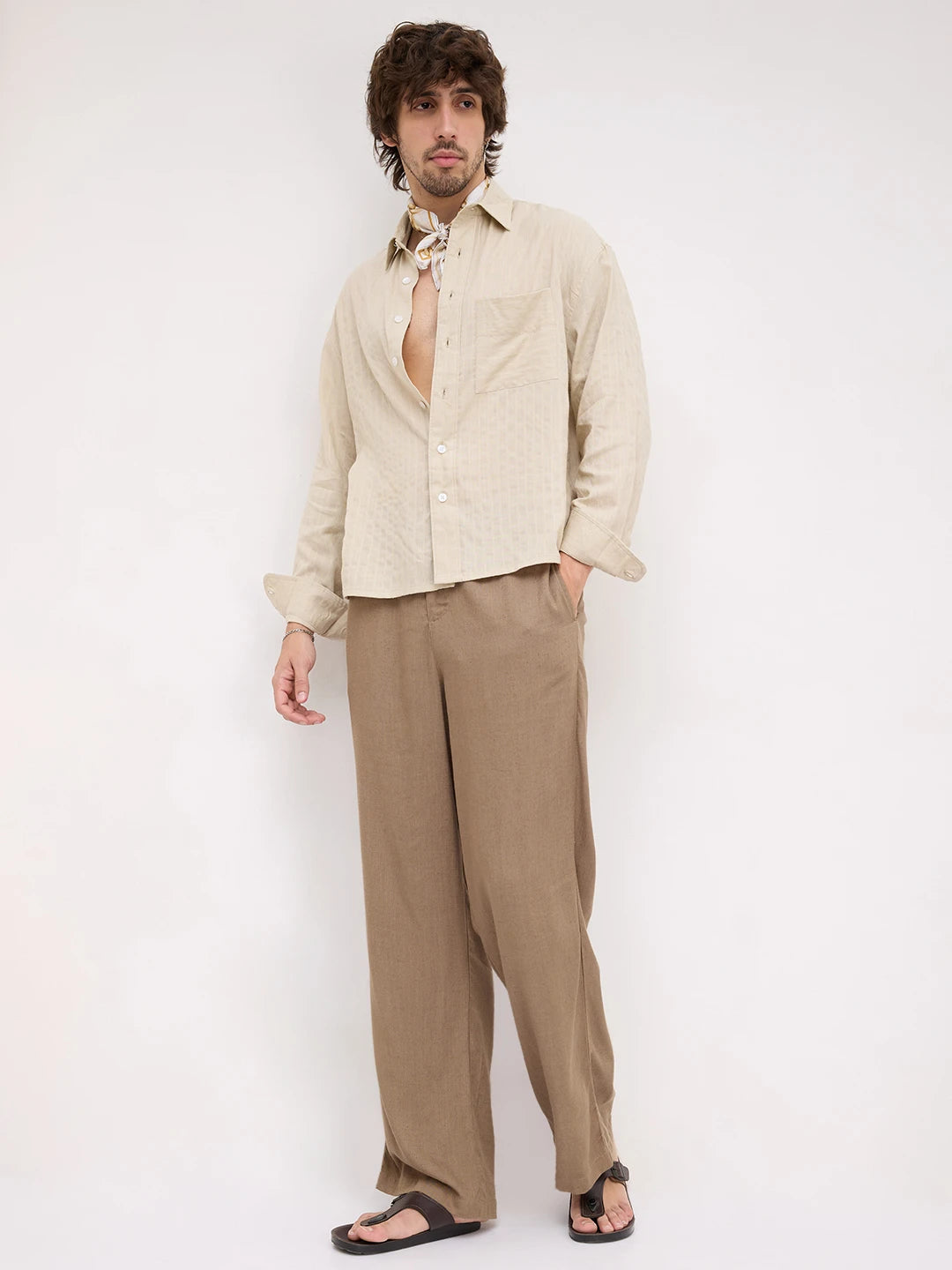 Beige Dunescape Pinstripe Boxy Fit Crop Shirt