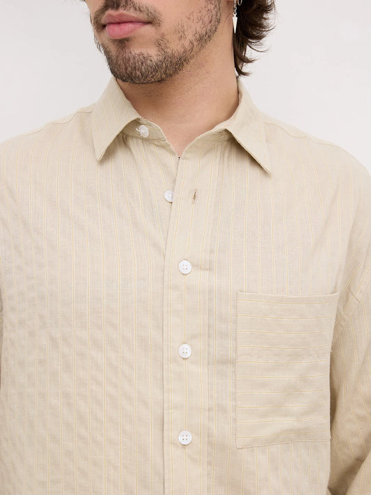 Beige Dunescape Pinstripe Boxy Fit Crop Shirt