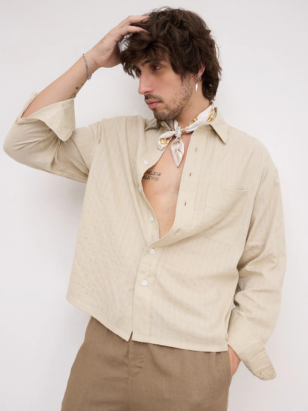 Beige Dunescape Pinstripe Boxy Fit Crop Shirt