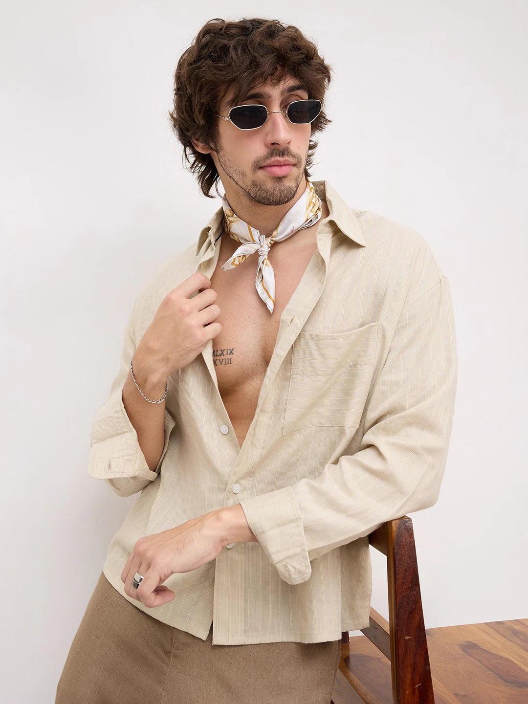 Beige Dunescape Pinstripe Boxy Fit Crop Shirt