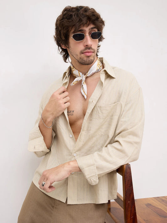 Beige Dunescape Pinstripe Boxy Fit Crop Shirt