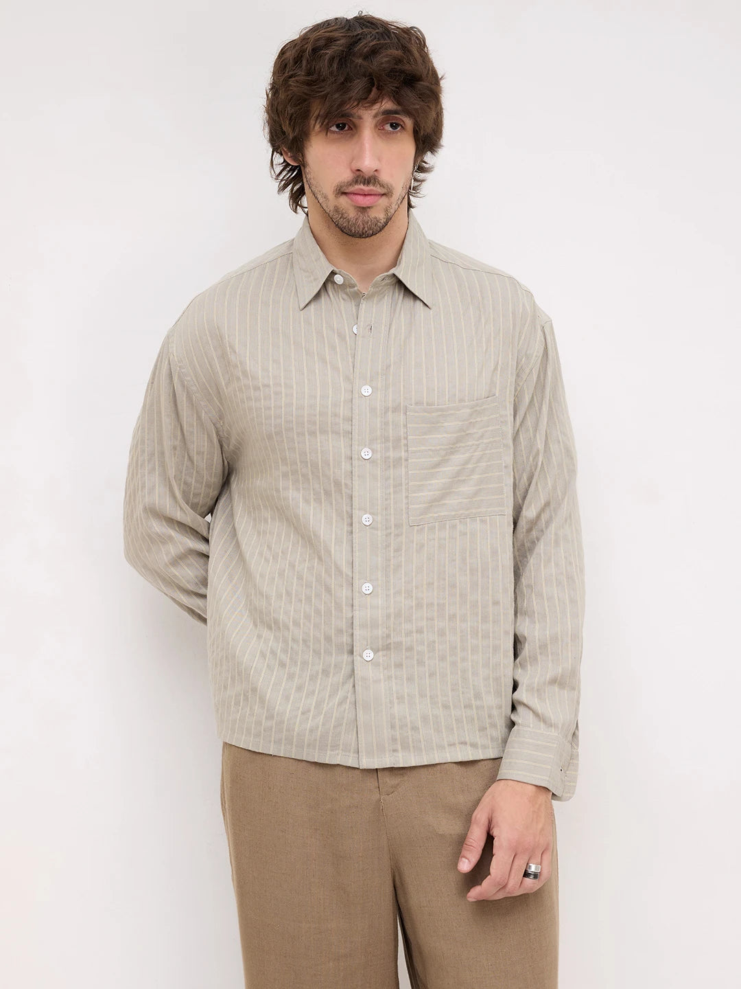 Natural Taupe Pinstripe Boxy Fit Crop Shirt