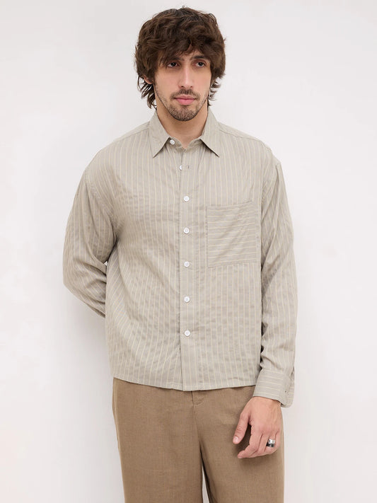 Natural Taupe Pinstripe Boxy Fit Crop Shirt