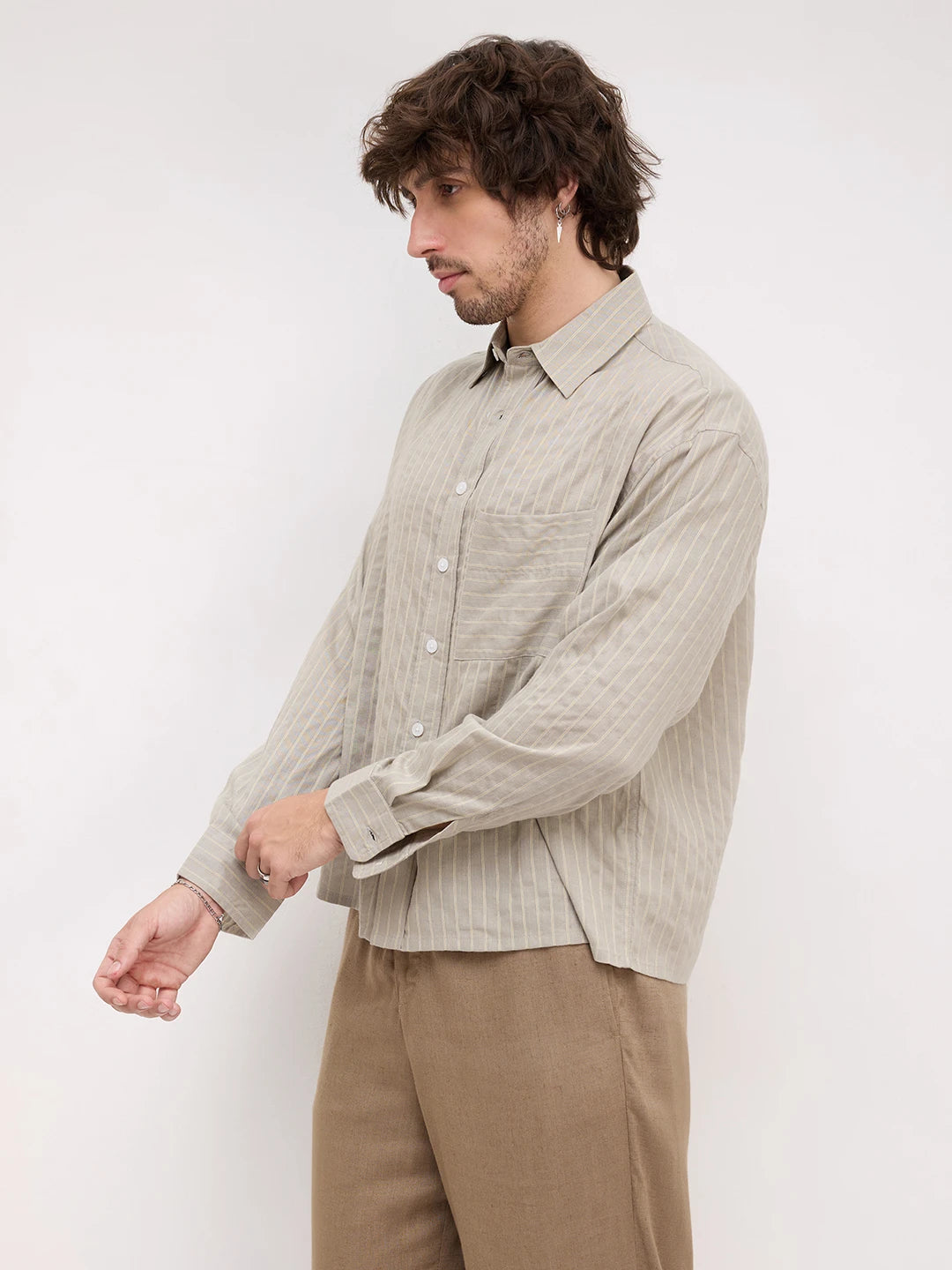 Natural Taupe Pinstripe Boxy Fit Crop Shirt