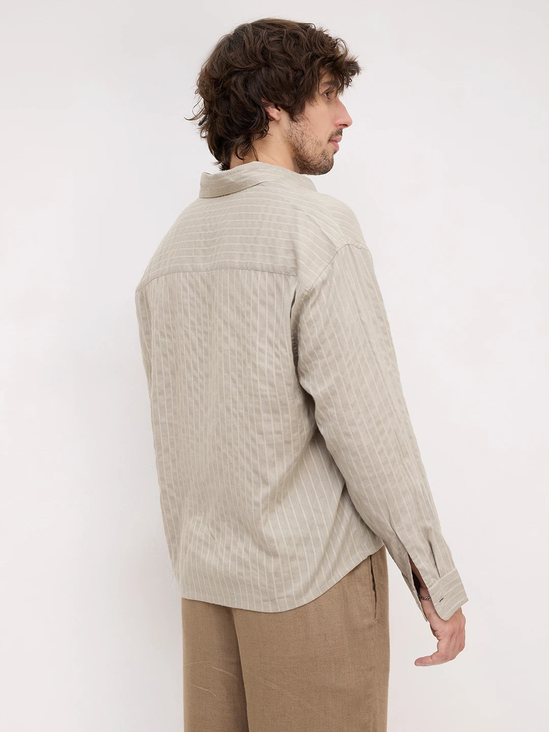 Natural Taupe Pinstripe Boxy Fit Crop Shirt