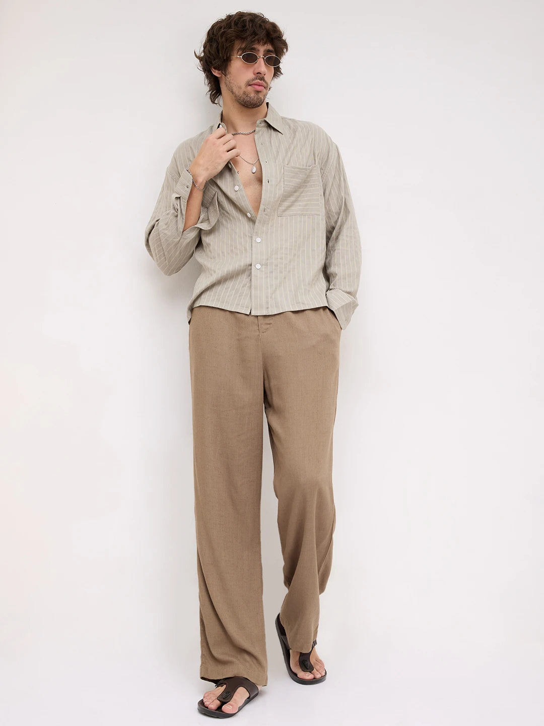 Natural Taupe Pinstripe Boxy Fit Crop Shirt