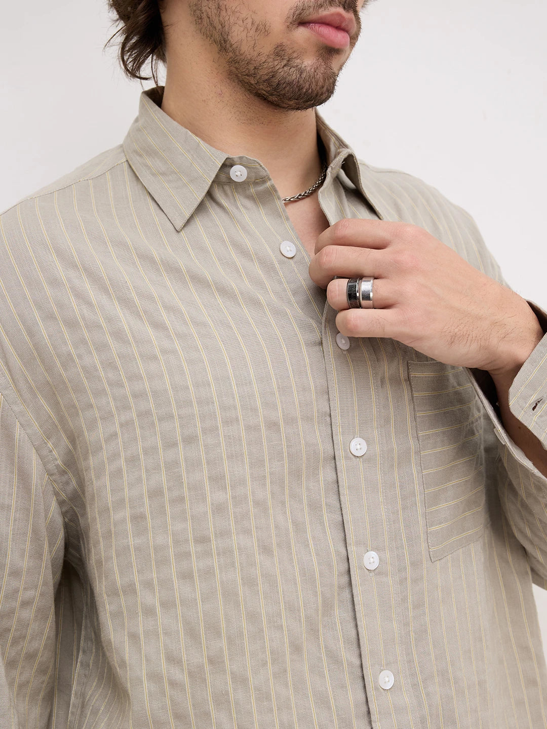 Natural Taupe Pinstripe Boxy Fit Crop Shirt