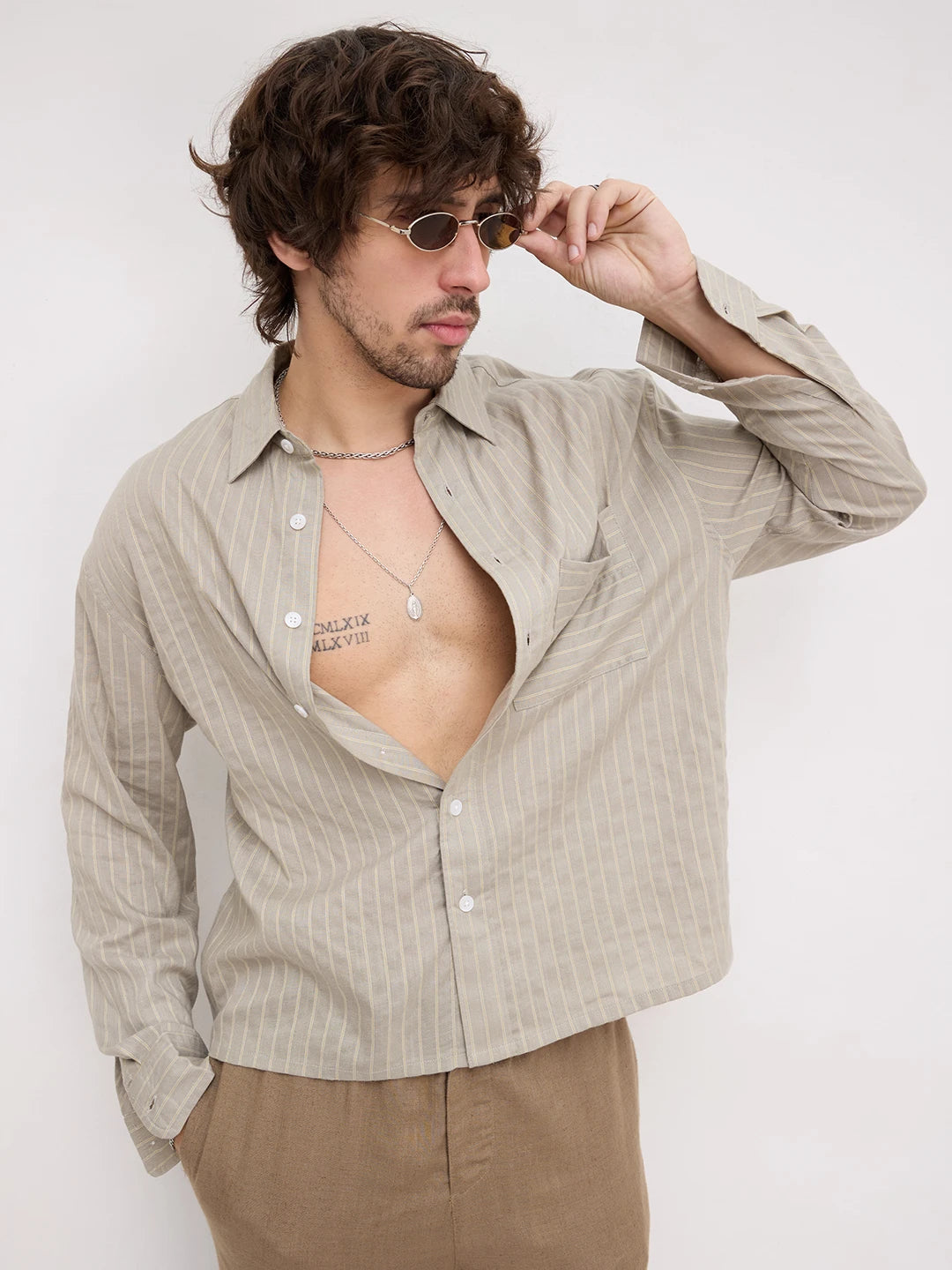 Natural Taupe Pinstripe Boxy Fit Crop Shirt
