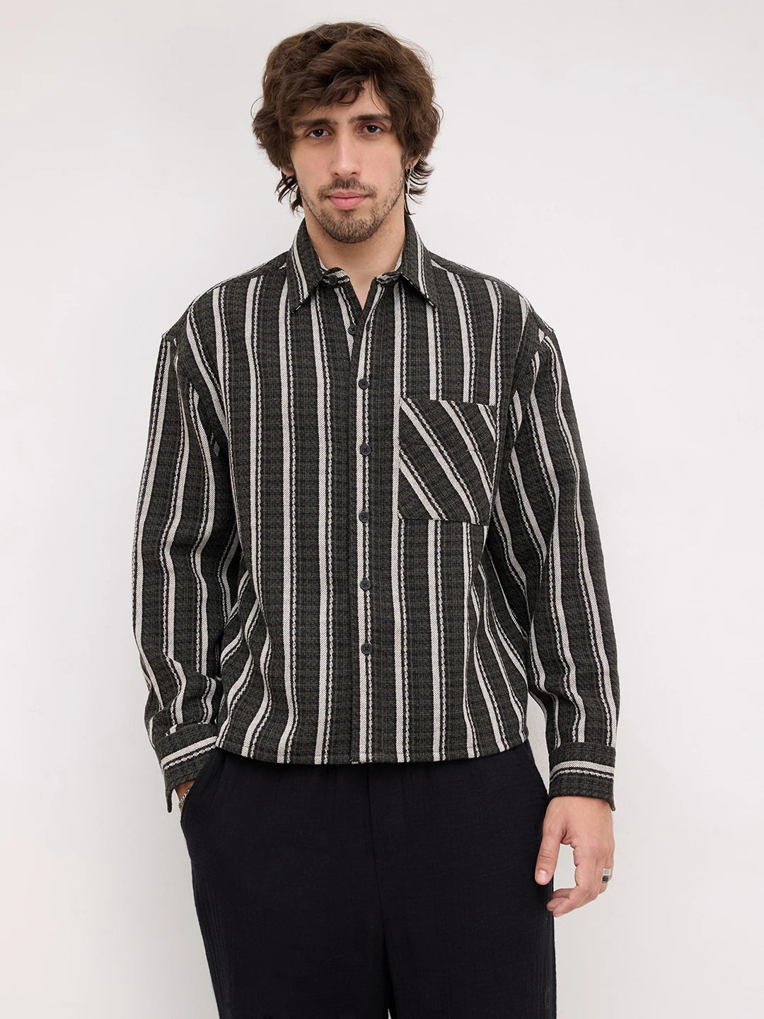Olive Contrast Artisan Striped Flannel Boxy Fit Crop Shirt