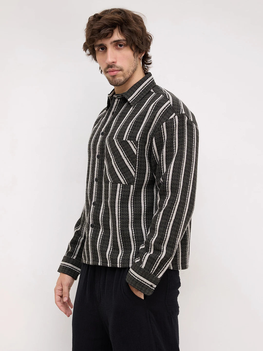 Olive Contrast Artisan Striped Flannel Boxy Fit Crop Shirt