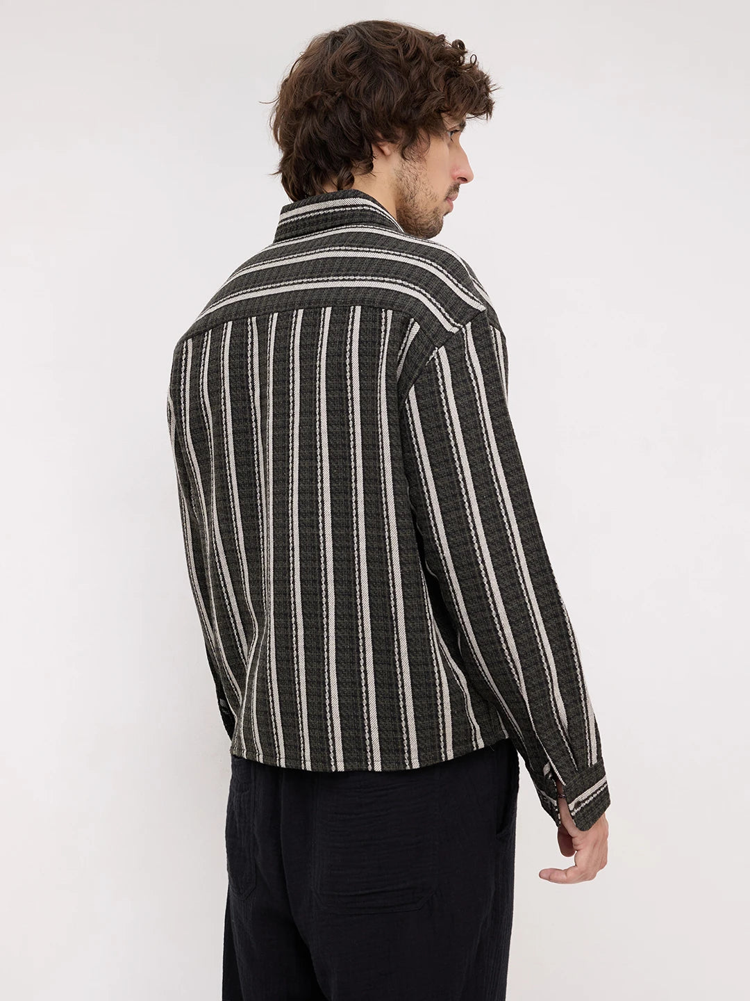 Olive Contrast Artisan Striped Flannel Boxy Fit Crop Shirt