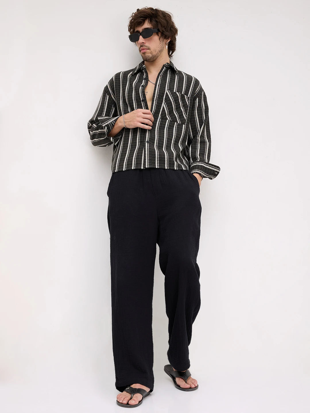 Olive Contrast Artisan Striped Flannel Boxy Fit Crop Shirt