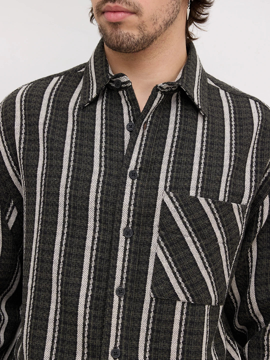 Olive Contrast Artisan Striped Flannel Boxy Fit Crop Shirt