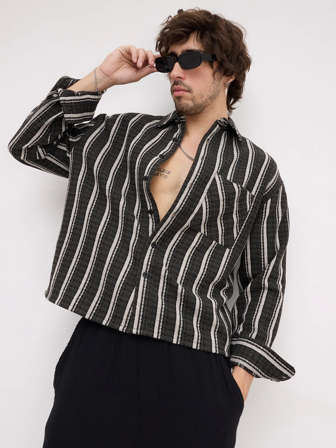 Olive Contrast Artisan Striped Flannel Boxy Fit Crop Shirt