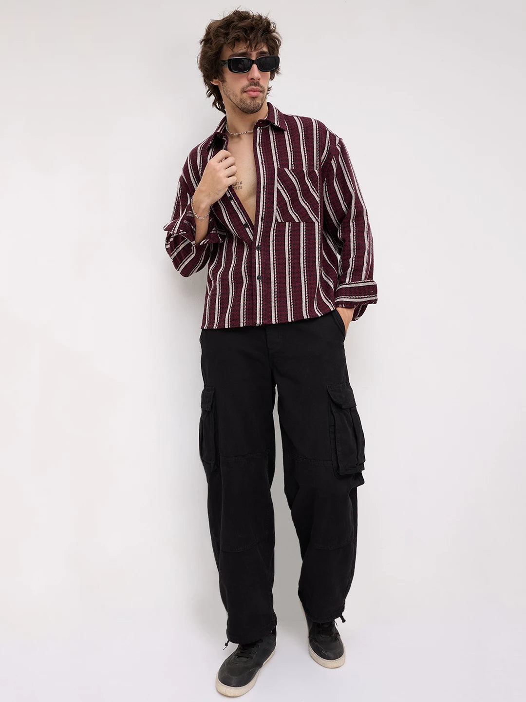 Maroon Contrast Striped Wintercrest Flannel Boxy Fit Crop Shirt