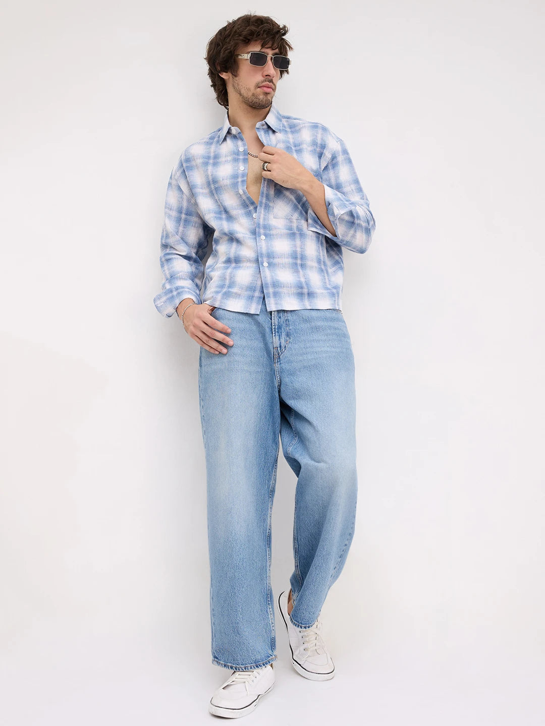 Blue Shadow Checks Handloom Effect Boxy Fit Crop Shirt