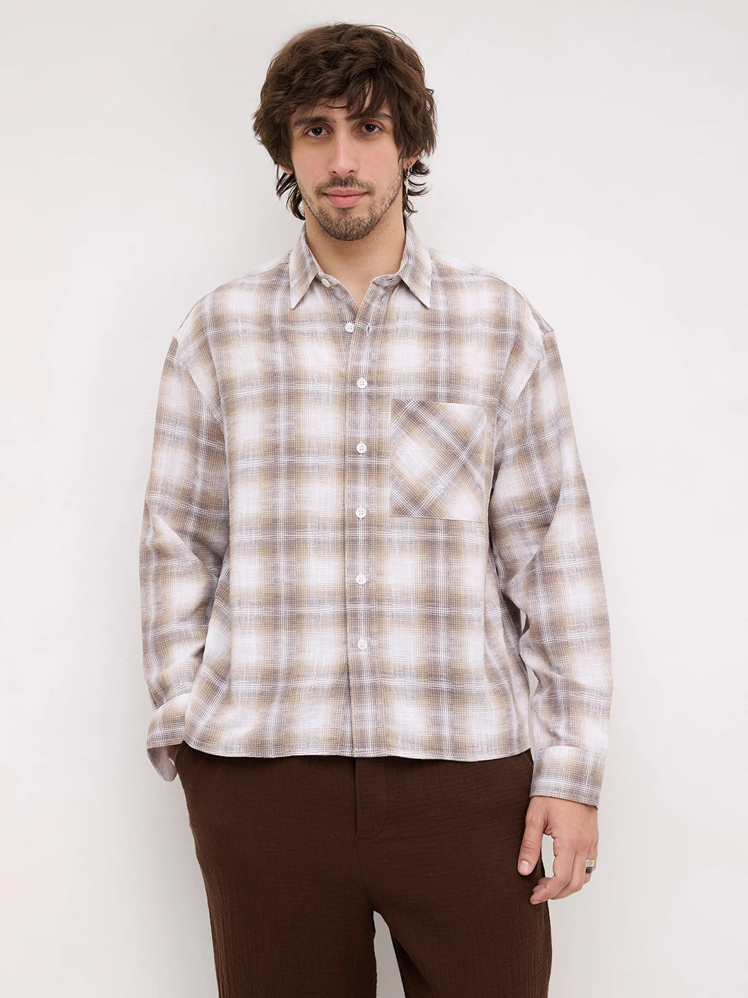 Luxe Dessert Beige Interwoven Windowpane Checks Boxy Fit Crop Shirt