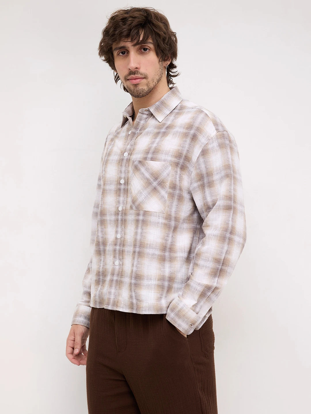 Luxe Dessert Beige Interwoven Windowpane Checks Boxy Fit Crop Shirt