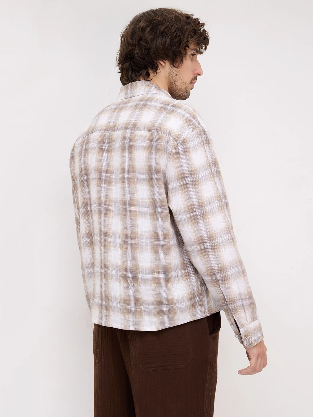 Luxe Dessert Beige Interwoven Windowpane Checks Boxy Fit Crop Shirt