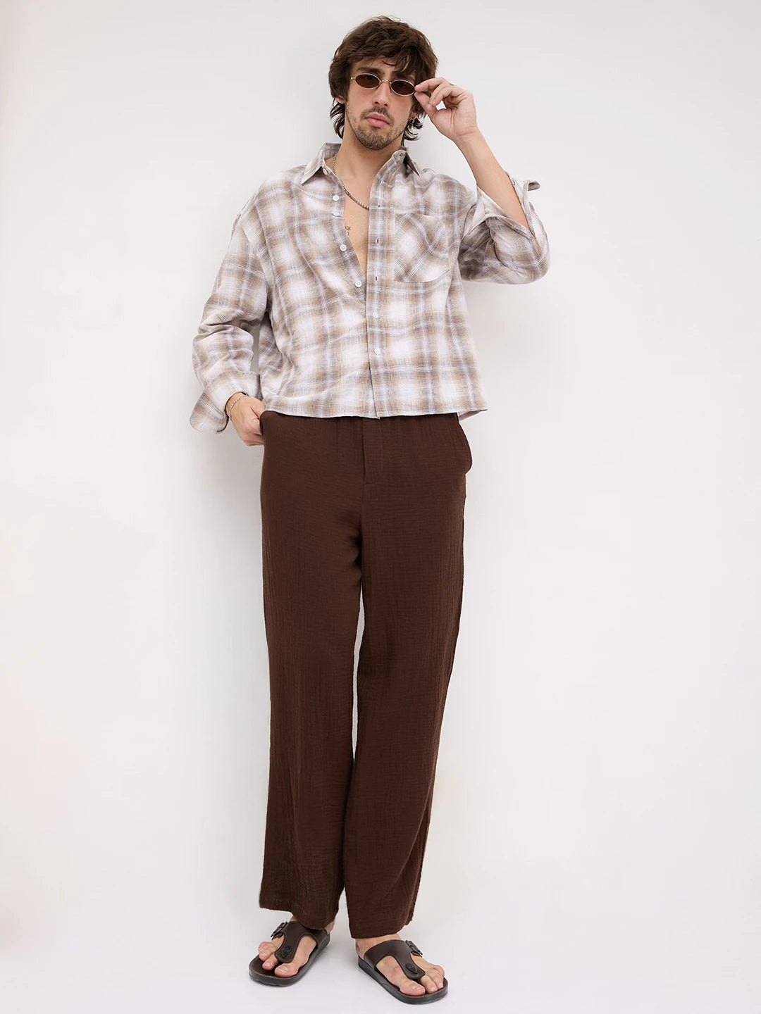 Luxe Dessert Beige Interwoven Windowpane Checks Boxy Fit Crop Shirt