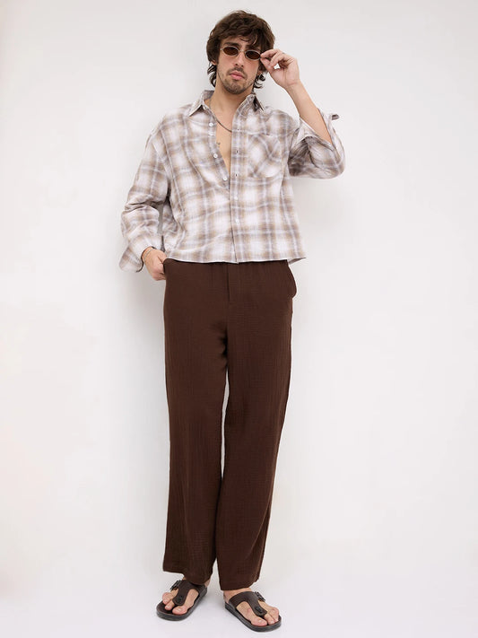 Luxe Dessert Beige Interwoven Windowpane Checks Boxy Fit Crop Shirt