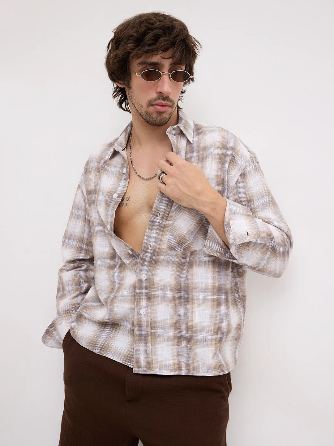 Luxe Dessert Beige Interwoven Windowpane Checks Boxy Fit Crop Shirt