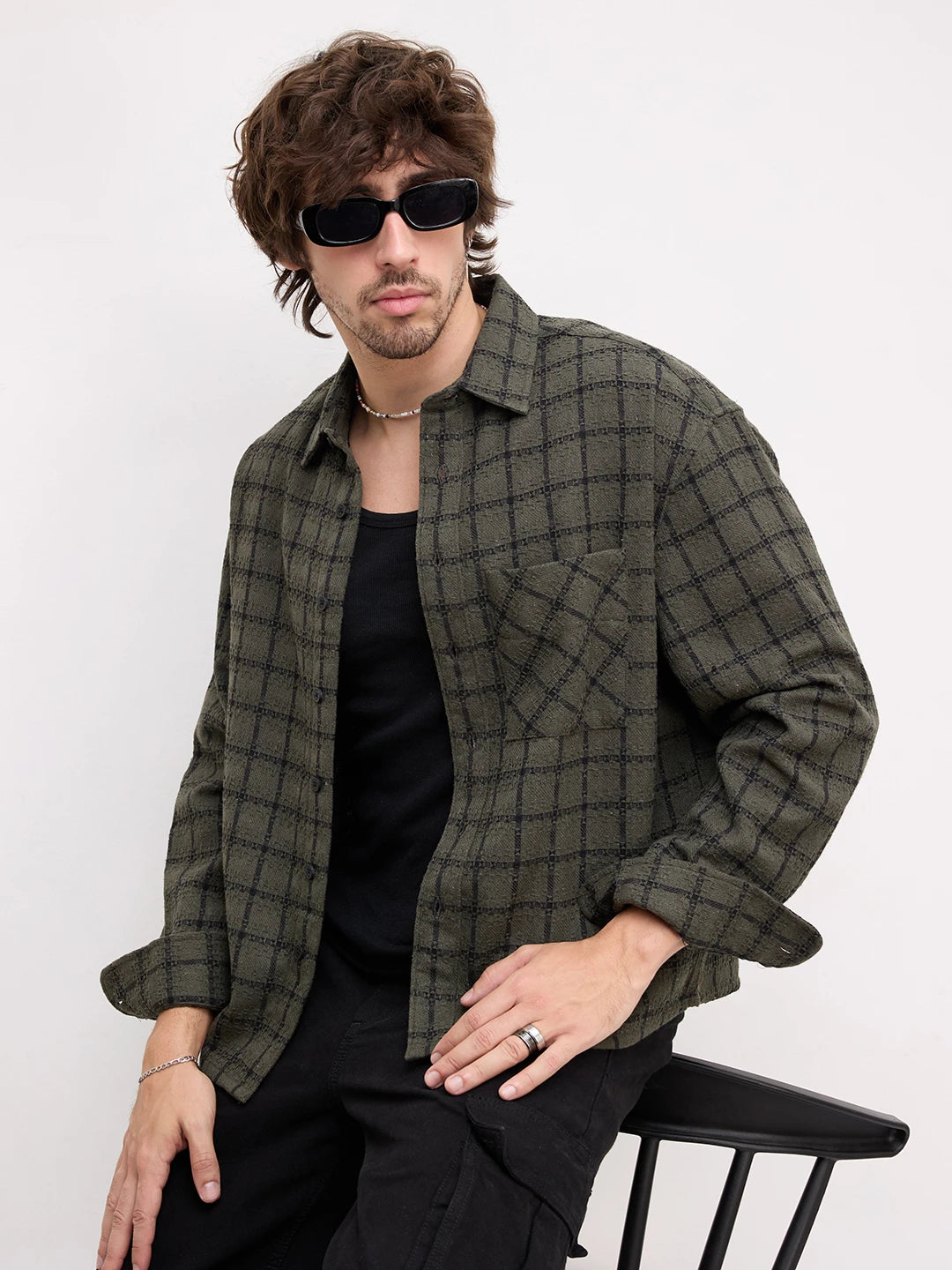 Olive Interweave Box Checks Flannel Boxy Fit Crop Shirt