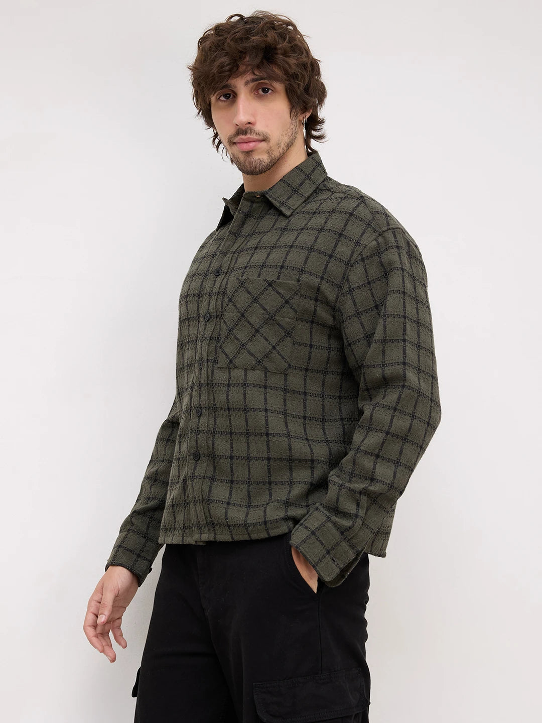 Olive Interweave Box Checks Flannel Boxy Fit Crop Shirt