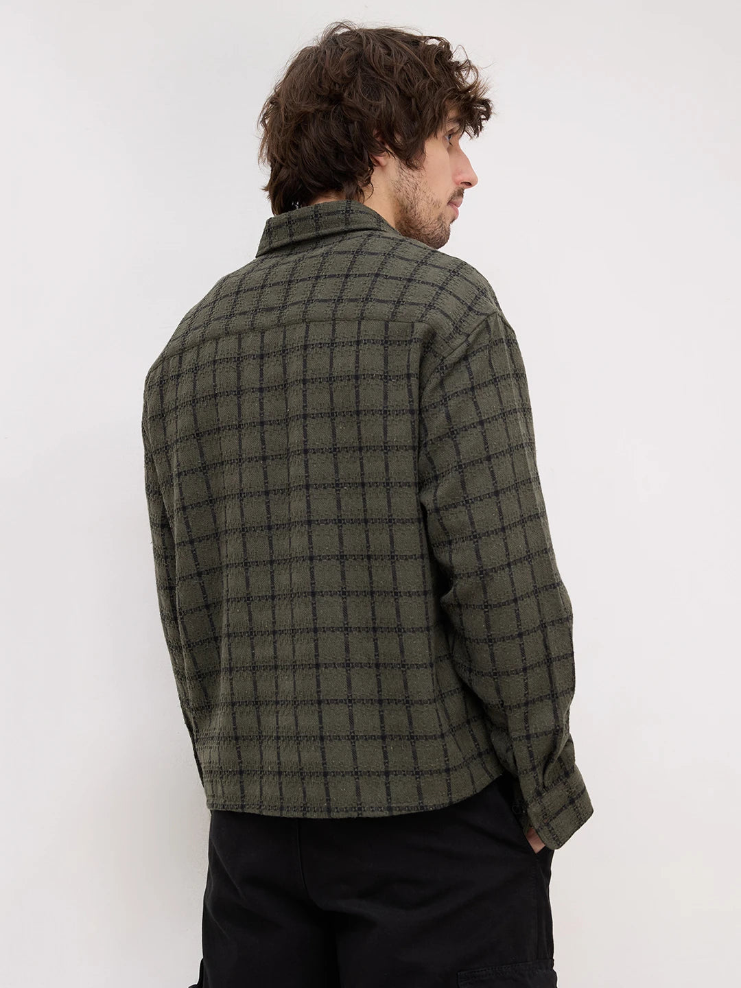 Olive Interweave Box Checks Flannel Boxy Fit Crop Shirt