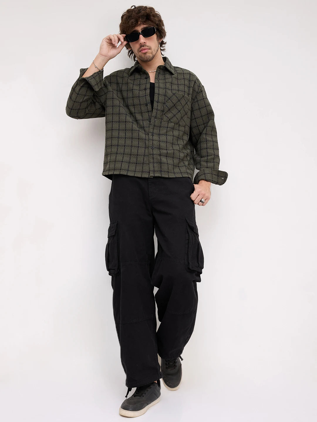 Olive Interweave Box Checks Flannel Boxy Fit Crop Shirt