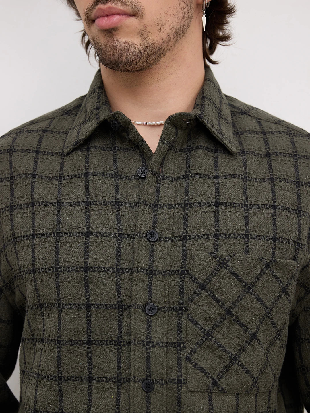 Olive Interweave Box Checks Flannel Boxy Fit Crop Shirt