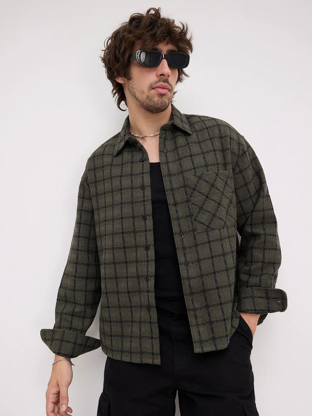 Olive Interweave Box Checks Flannel Boxy Fit Crop Shirt