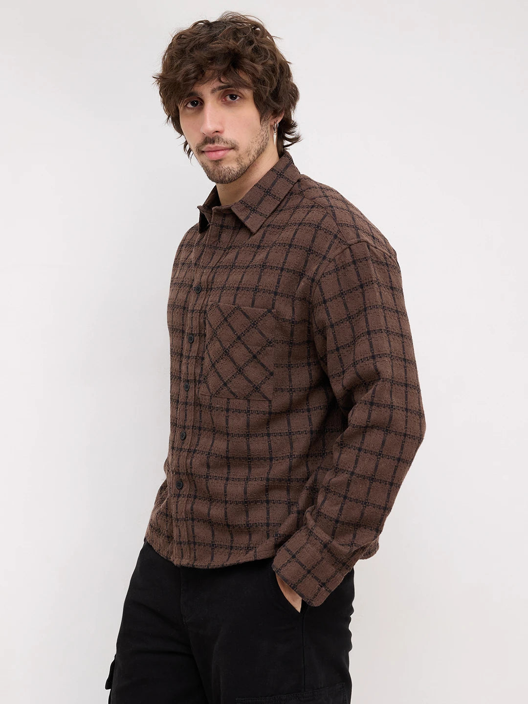 Brown Contrast Checked Weave Wintercrest Flannel Boxy Fit Crop Shirt