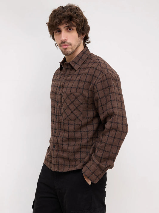 Brown Contrast Checked Weave Wintercrest Flannel Boxy Fit Crop Shirt
