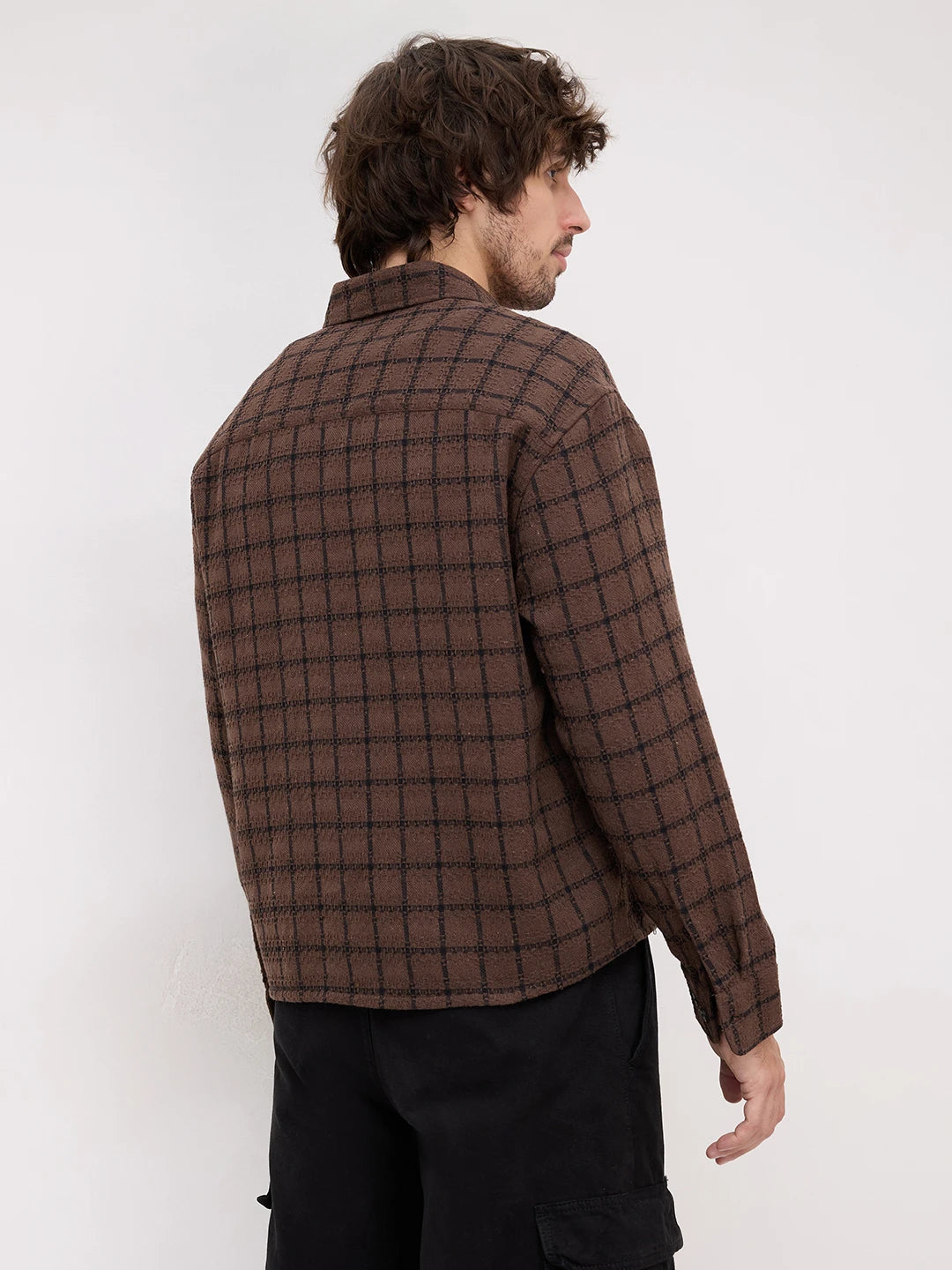 Brown Contrast Checked Weave Wintercrest Flannel Boxy Fit Crop Shirt