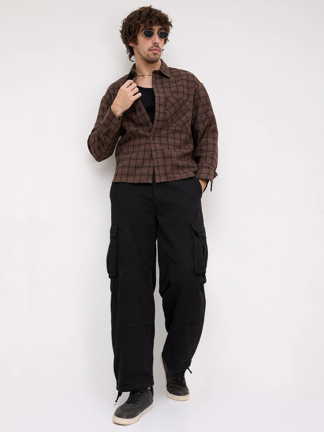 Brown Contrast Checked Weave Wintercrest Flannel Boxy Fit Crop Shirt