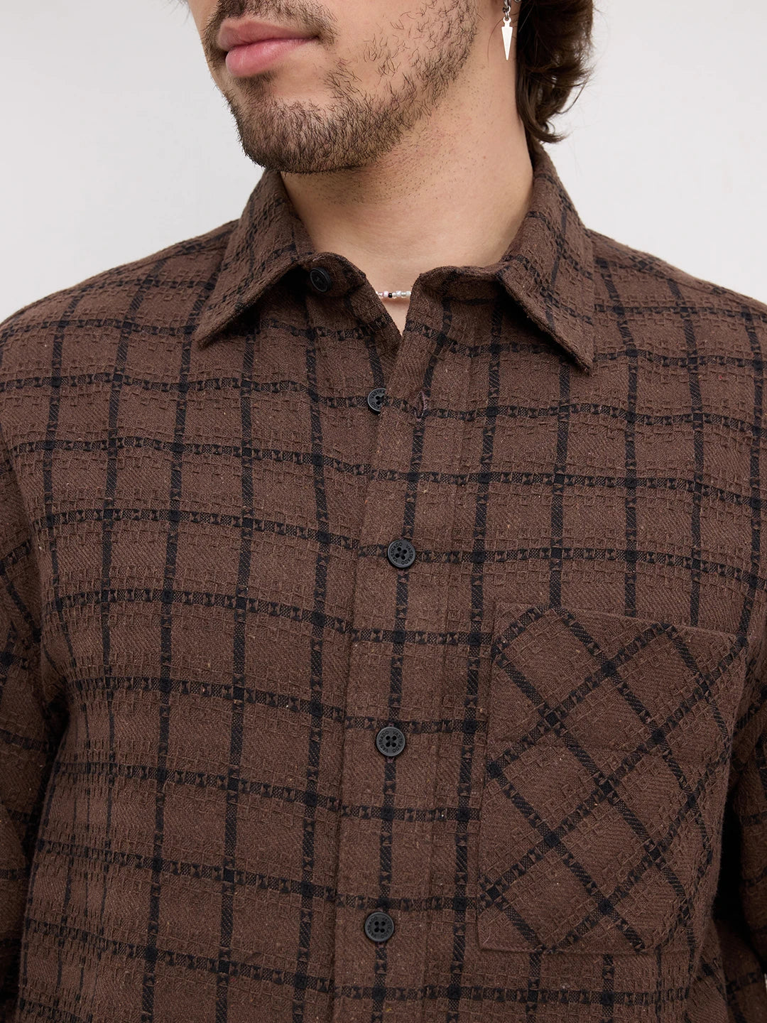 Brown Contrast Checked Weave Wintercrest Flannel Boxy Fit Crop Shirt