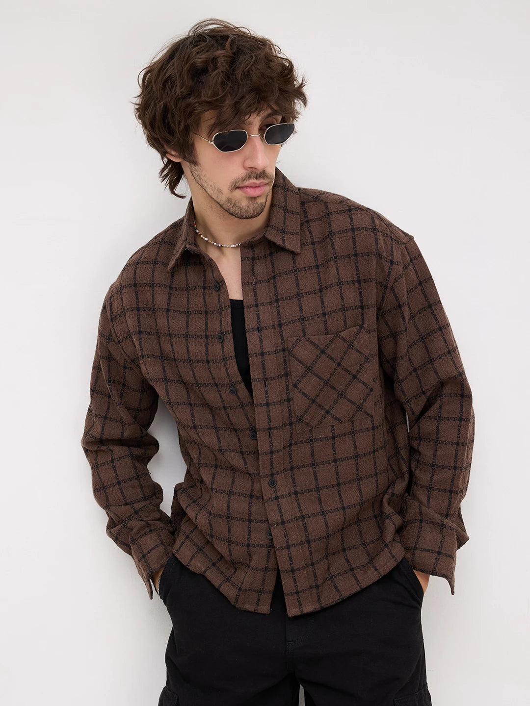 Brown Contrast Checked Weave Wintercrest Flannel Boxy Fit Crop Shirt