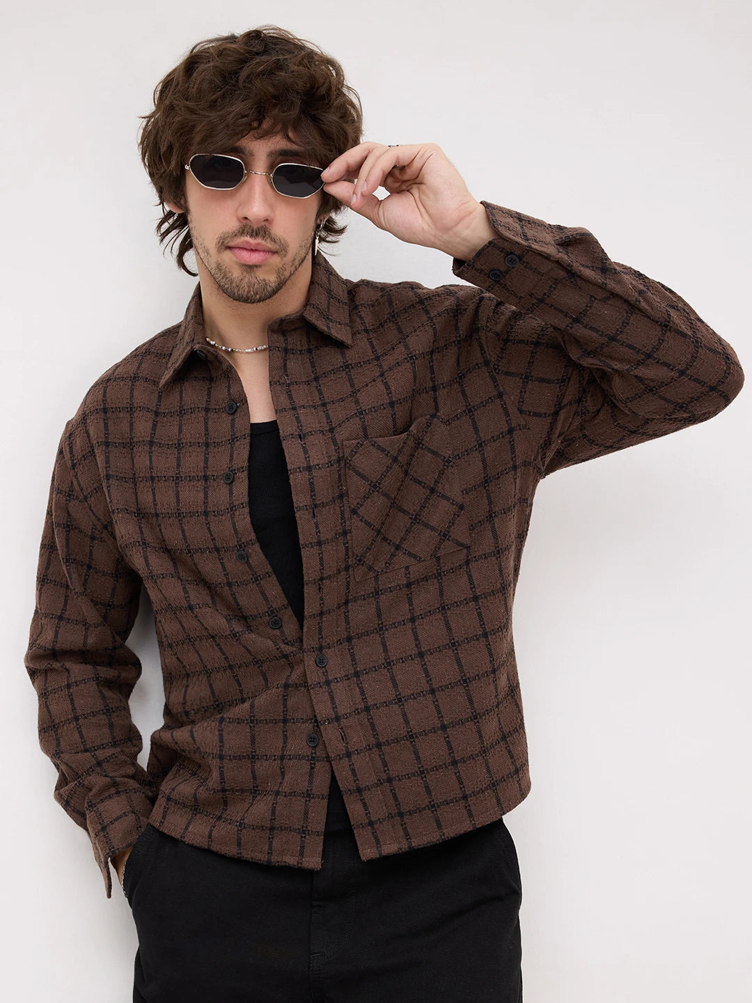 Brown Contrast Checked Weave Wintercrest Flannel Boxy Fit Crop Shirt