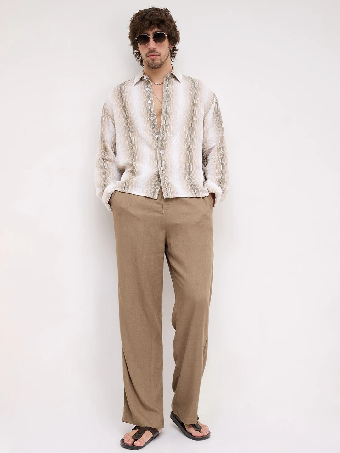 Beige & Olive Interlock Loom Striped Boxy Fit Crop Shirt