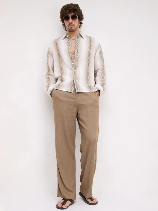 Beige & Olive Interlock Loom Striped Boxy Fit Crop Shirt