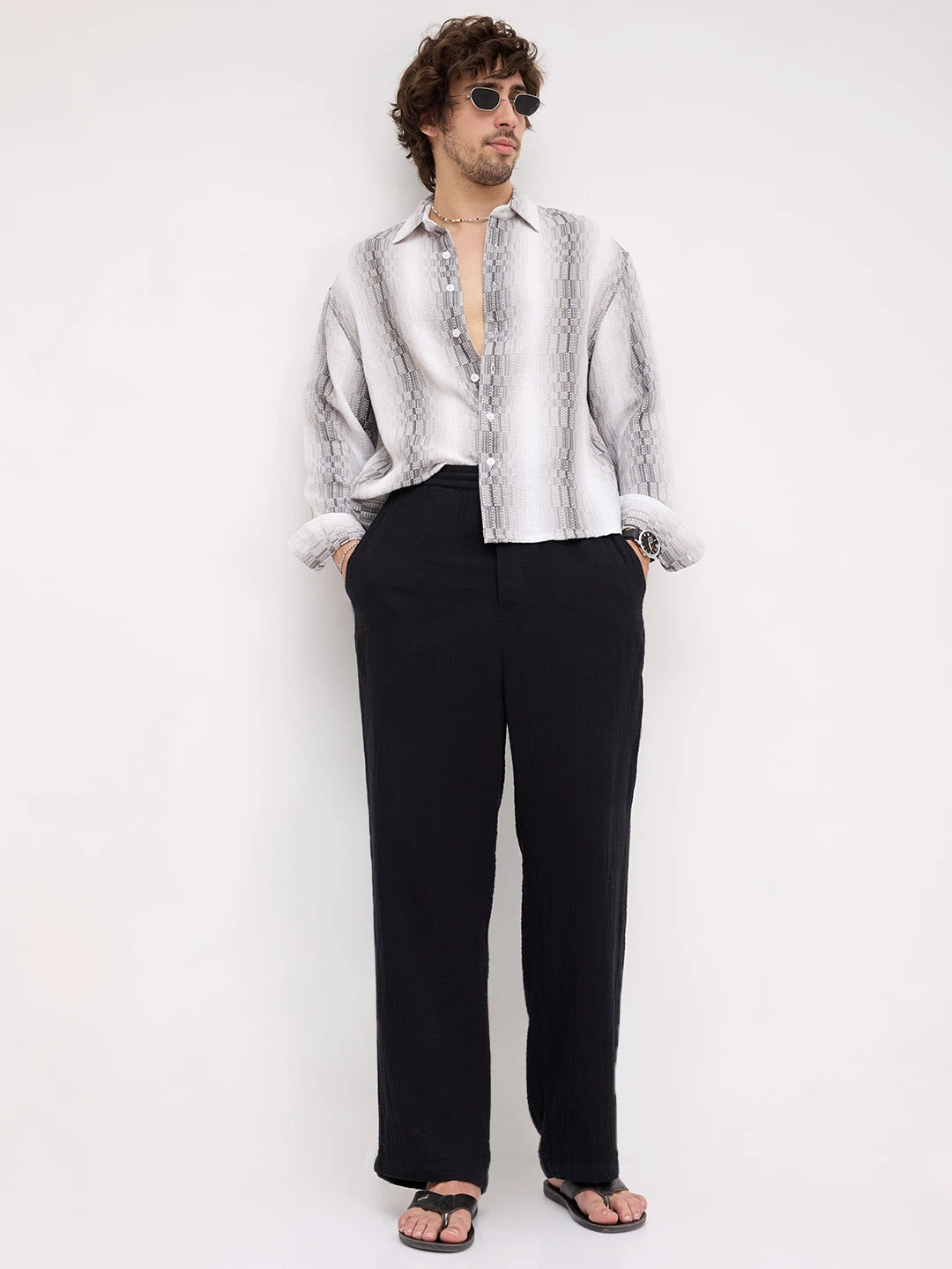 Monochrome Shadow Interlock Loom Striped Boxy Fit Crop Shirt