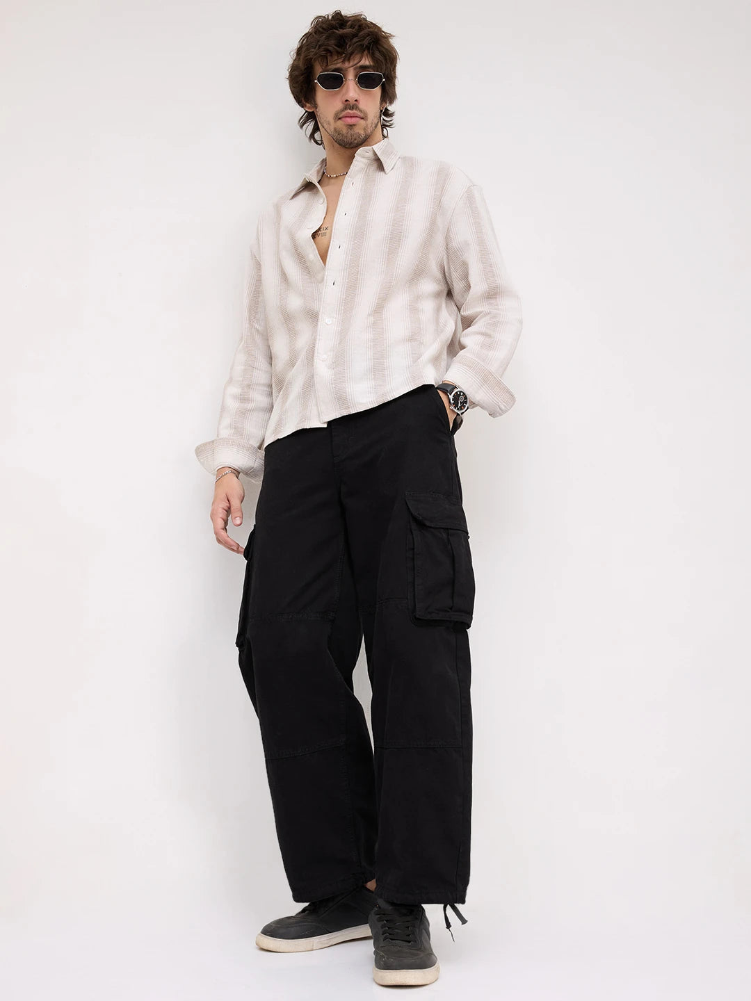 Premium Natural Beige Finegrain Striped Boxy Fit Crop Shirt