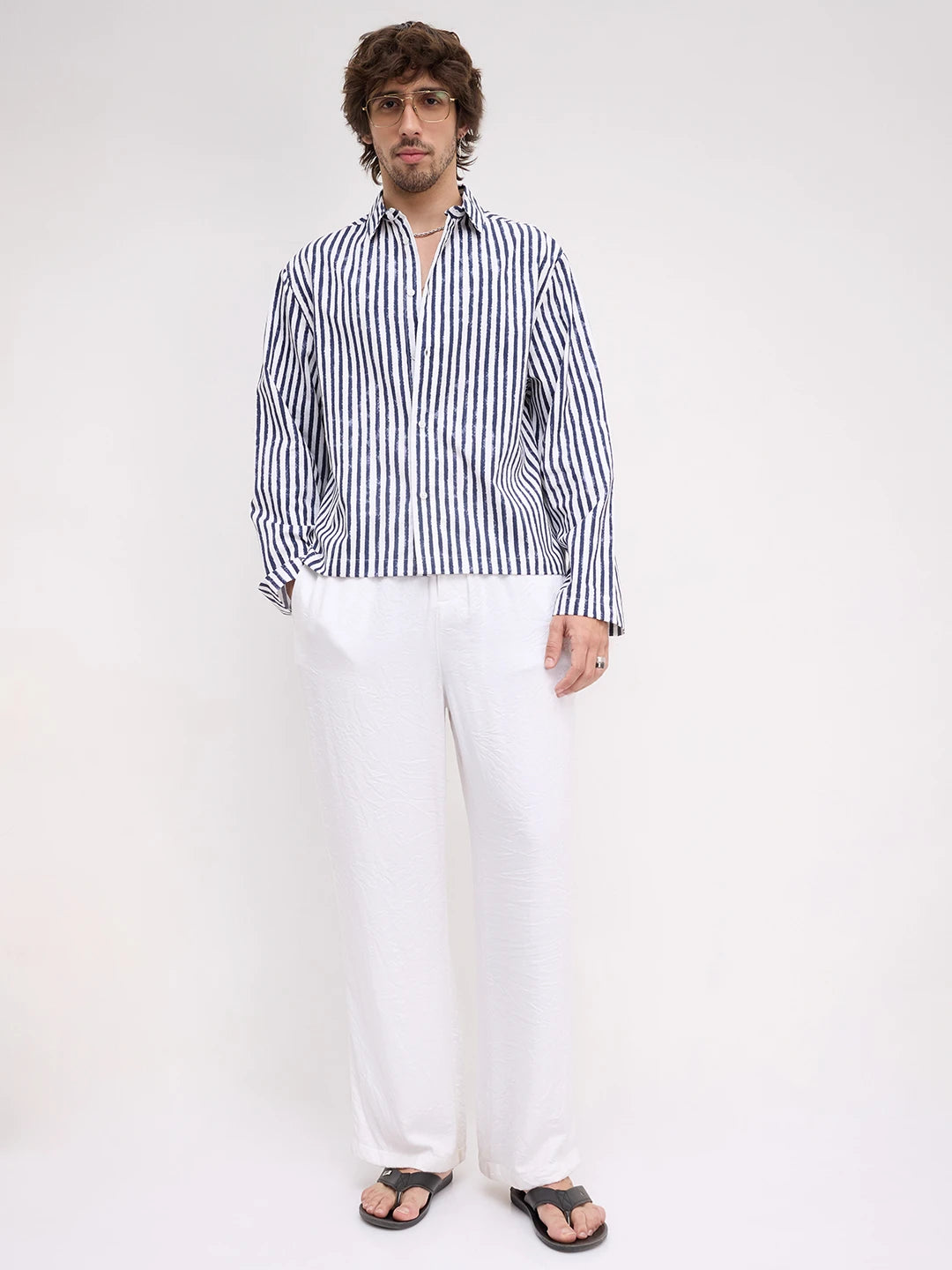 Navy Brushed Striped Weekend Escape Cuffless Oversized Shirt