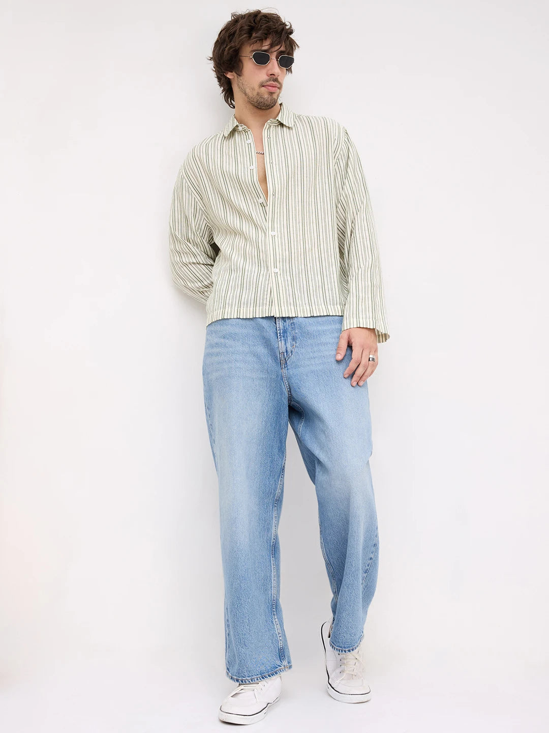 Sage Green Chainstriped Cuffless Oversized Shirt