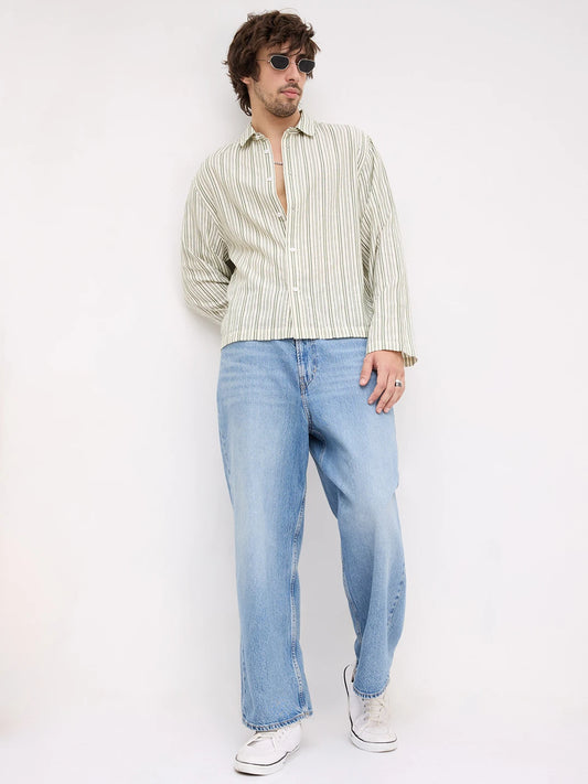 Sage Green Chainstriped Cuffless Oversized Shirt