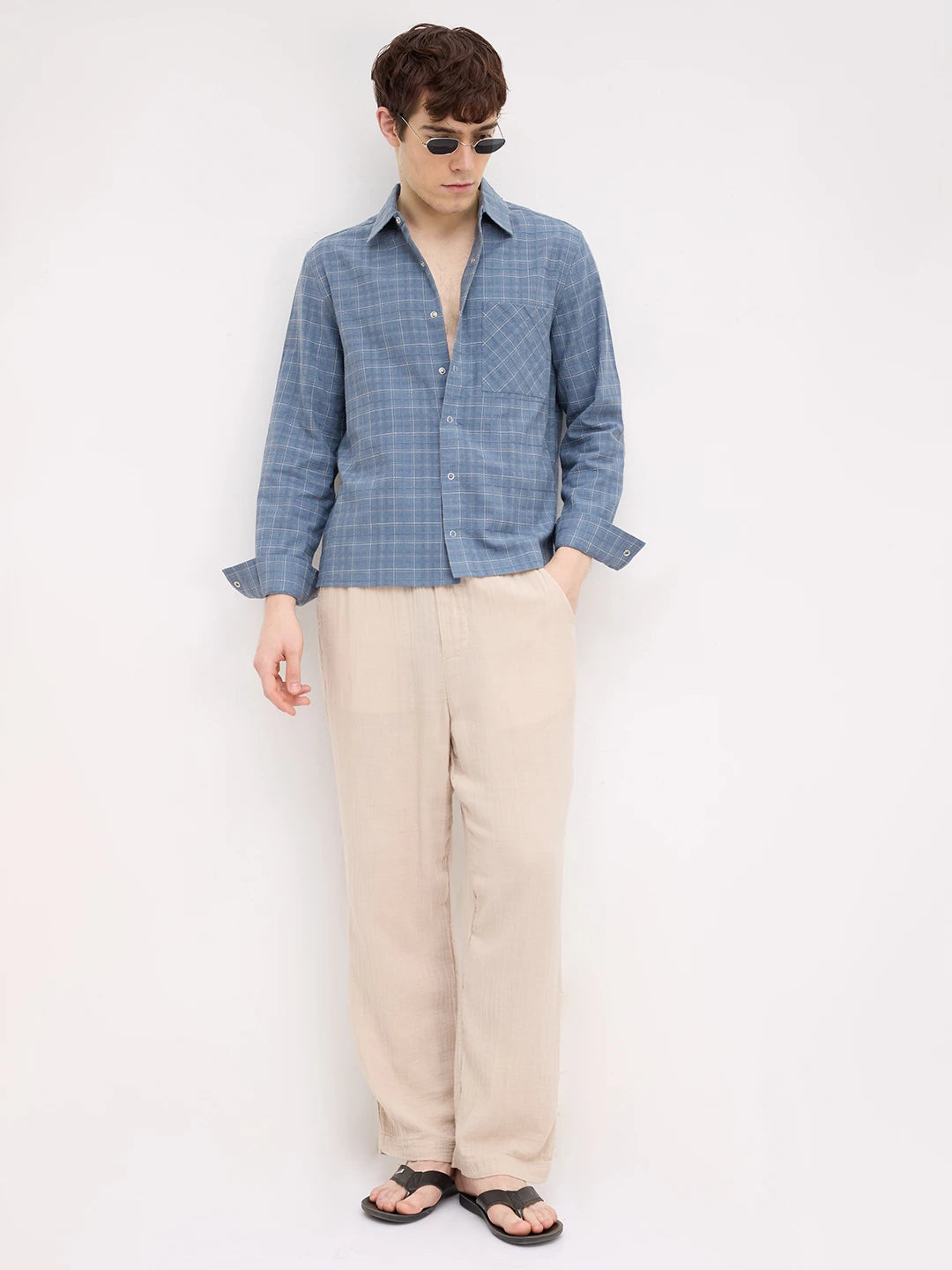 Blue Loomscape Checks Straight Hem Crop Shirt