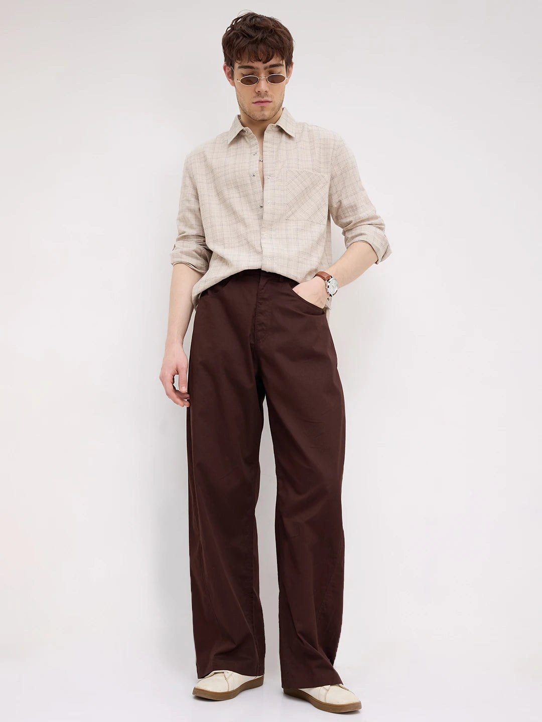 Beige & Blue Loomscape Checks Straight Hem Oversized Shirt