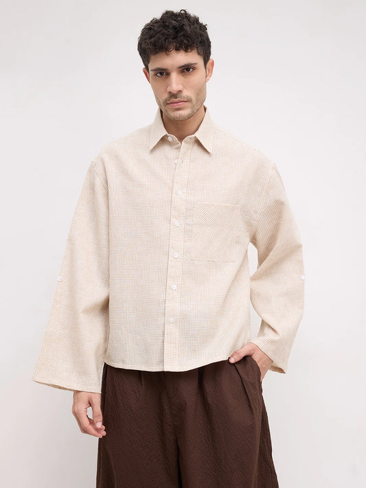 French Beige Openweave Micro Checks Cuffless Oversized Crop Shirt