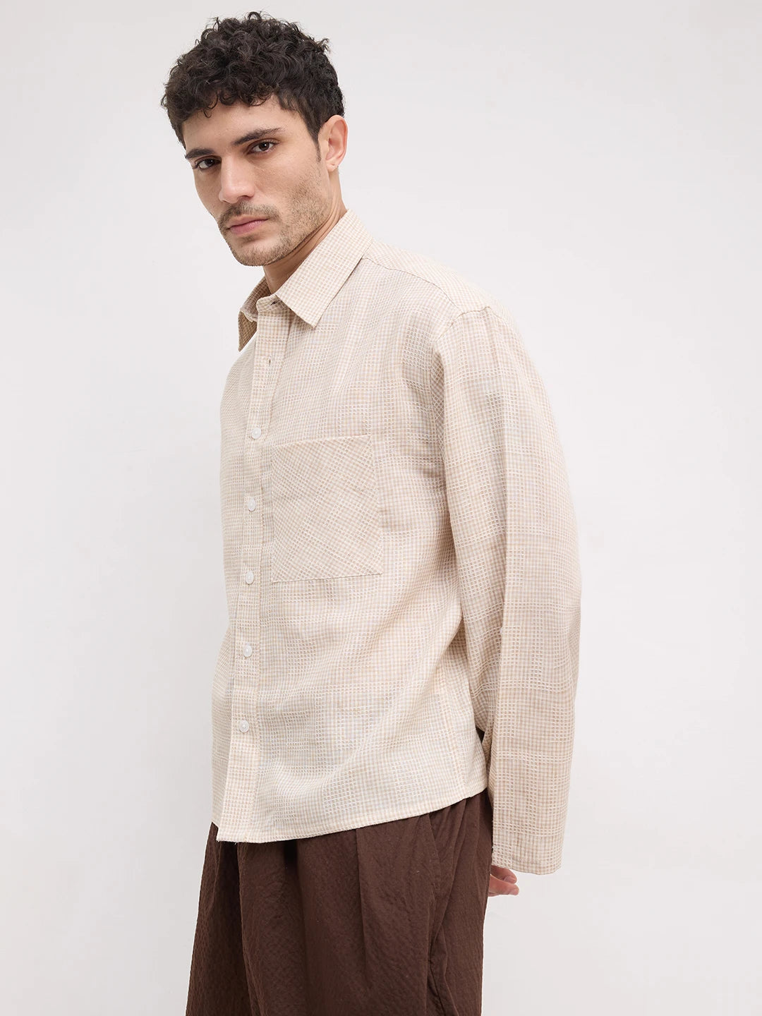French Beige Openweave Micro Checks Cuffless Oversized Crop Shirt